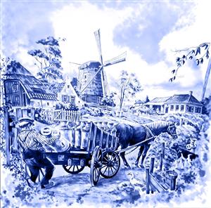 پوستر طرح کاشی سنتی آبی و سفید با منظره آسیاب بادی و مزرعه برای آشپزخانه و رستوران‌های محلی
