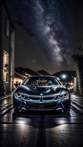 پوستر عمودی خودرو بی ام و i8 زیر آسمان شب کهکشانی برای بک‌لایت و تابلو دکوراتیو اتاق گیمینگ