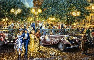 نقاشی کلاسیک اروپایی از مهمانی شبانه و خودروهای قدیمی برای تابلو دیواری پذیرایی و سالن انتظار هتل