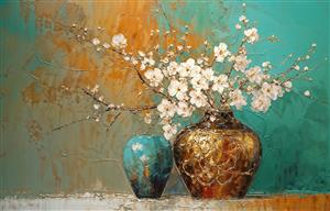طرح نقاشی مدرن گلدان طلایی و فیروزه ای با شکوفه های سفید ویژه پوستر دیواری پشت تلویزیون