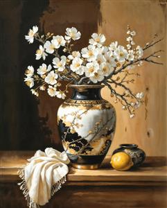 پوستر دیواری طرح گلدان سیاه و طلایی با شکوفه های سفید بهاری برای دکوراسیون پذیرایی و لابی