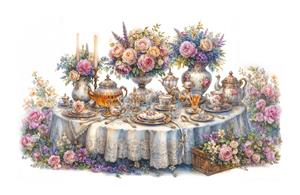 طرح دوربری شده میز عصرانه مجلل با ظروف نقره و گل های بهاری ویژه چاپ روی ماگ، بشقاب و تترون