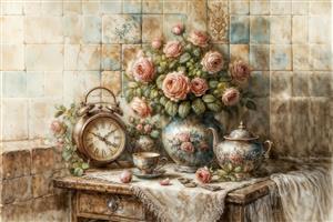تابلو نقاشی نوستالژیک گل و ساعت قدیمی با تم کرم و قهوه ای برای پوستر دیواری سه بعدی نشیمن
