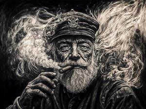 پوستر سه بعدی طرح گرافیکی چهره ناخدا یا پیرمرد دریانورد و پیپ با استایل سیاه و سفید برای اتاق خواب و کافه