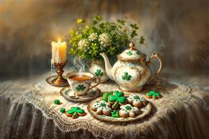 تصویر فانتزی ست چای خوری و کوکی با طرح شبدر برای کاغذ دیواری کافی شاپ و آشپزخانه مدرن