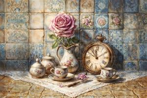 طرح نقاشی رنگ روغن گل رز صورتی و ساعت قدیمی برای پوستر دیواری پذیرایی و آشپزخانه کلاسیک