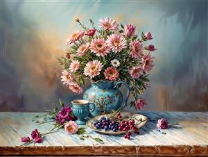 میز دکوراتیو با گلدان گل‌های مینای صورتی و خوشه‌های انگور مناسب برای چاپ روی کالاهای آشپزخانه و پوستر دیواری نهارخوری