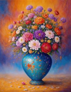 گلدان آبی لاجوردی با گل‌های داوودی و آهار رنگارنگ با سبک نقاشی مدرن مناسب برای پوستر دیواری عمودی و تابلو شاسی