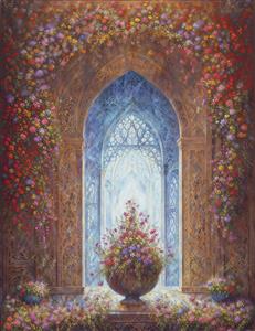 منظره رویایی طاق پوشیده از گل با نمای قصر در دوردست برای پوستر دیواری سه بعدی پذیرایی و ورودی تالارهای مجلل