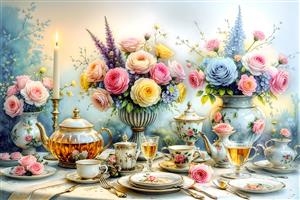 چیدمان میز عصرانه انگلیسی با سرویس چای‌خوری چینی و گل‌های رز مناسب برای چاپ روی سینی، رومیزی و پوستر دیواری کافه و آشپزخانه