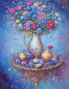 تابلو دکوراتیو گل‌های رنگارنگ به سبک فانتزی با تم آبی روی طاقچه مجلل مناسب برای دفترچه، تابلوهای نوری و پوستر دیواری اتاق دخترانه