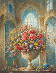 نقاشی آبرنگی دسته گل رز صورتی در گلدان سنگی بزرگ با پس‌زمینه معماری گوتیک ویژه کاغذ دیواری اتاق خواب و پرده‌های چاپی شیک