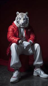 تصویر هنری ببر سفید با لباس رپ و استایل خیابانی مناسب برای پوستر دیواری مدرن اتاق نوجوان و تابلوهای دکوراتیو خاص