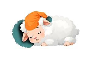 تصویر تصویرسازی بره کوچولوی خواب‌آلود با کلاه نارنجی مناسب چاپ روتختی کودک، پوستر دیواری مهدکودک و دکوراسیون اتاق نوزاد