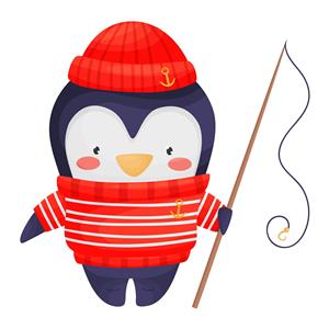پنگوئن ملوان با کلاه و لباس بافتنی قرمز مناسب برای چاپ روی پرده اتاق کودک، کاغذ دیواری مهدکودک و دفترچه یادداشت