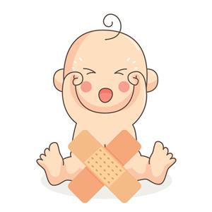 تصویر کارتونی نوزاد در حال گریه با چسب زخم ویژه کتاب‌های آموزشی کودکان، بروشورهای پزشکی و پوستر دیواری کلینیک اطفال