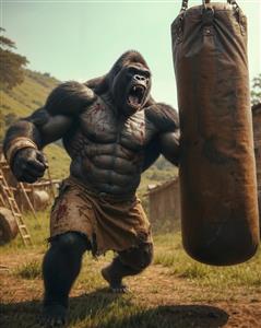 تصویر فانتزی گوریل بدنساز در حال تمرین بوکس مناسب پوستر دیواری سه بعدی باشگاه بدنسازی و تابلوی دکوراتیو اتاق جوانان