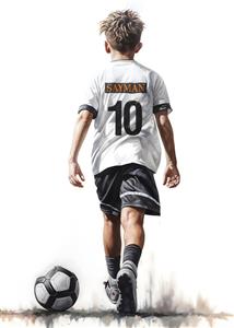 نقاشی دیجیتال پسر فوتبالیست با نام Sayman پشت لباس مناسب پوستر دیواری اختصاصی اتاق کودک