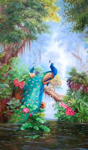 منظره کلاسیک طاووس کنار برکه و گلهای سرخ ویژه پوستر دیواری عمودی سالن های بزرگ و هتل ها