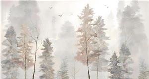 پوستر دیواری منظره مه آلود جنگل کاج با سبک آبرنگی ملایم مناسب دیوار پذیرایی و فضای مدیتیشن