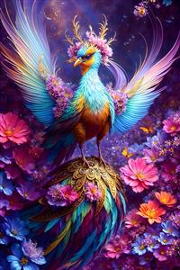 طرح فانتزی ققنوس رنگارنگ در میان گلزار جادویی ویژه پوستر دیواری اتاق نوجوان و تابلوهای هنری مدرن