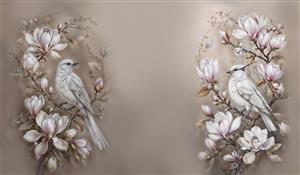 پوستر دیواری کلاسیک جفت پرنده و گل های مگنولیا با رنگ ملایم مناسب پشت تخت خواب و لابی
