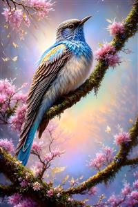 تصویر باکیفیت پرنده فانتزی بر روی شاخه پرشکوفه ویژه چاپ روی بوم، کوسن و پوستر دیواری اتاق کودک