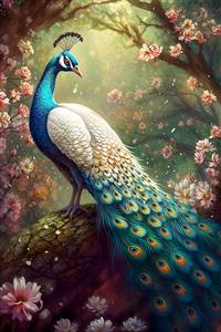 نقاشی هنری طاووس در میان گلستان و شکوفه ها ایده آل برای تابلو دکوراتیو و پوستر سه بعدی سالن پذیرایی