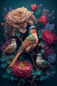 ترکیب نقاشی پرندگان رنگارنگ و گل‌های درشت کلاسیک ویژه پوستر دیواری مجلل، پرده و روتختی دونفره