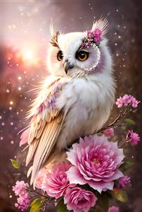 تصویر جغد سفید میان گل‌های صورتی در غروب آفتاب برای پوستر دیواری آرامش‌بخش اتاق خواب و فضای مطالعه