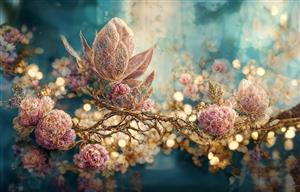 منظره رویایی شکوفه‌های بهاری و ذرات نور برای پوستر دیواری پشت تختخواب، تالار پذیرایی و لابی هتل