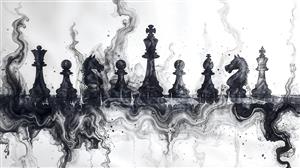 طرح هنری و آبرنگی شطرنج با دود و افکت انتزاعی برای پوستر دیواری اتاق مطالعه، گیم‌نت و کلوپ‌های فکری