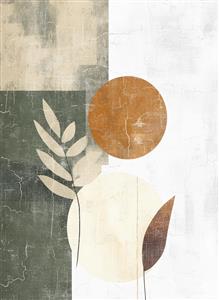 کاغذ دیواری طرح انتزاعی بوهو با برگ و دایره‌های خاکی و زیتونی مناسب برای اتاق خواب، نشیمن و روتختی بزرگسال