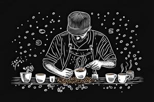 تصویر گرافیکی باریستا و قهوه با سبک سیاه و قلم ویژه پوستر دیواری کافه، آشپزخانه و دکور محیط‌های دنج