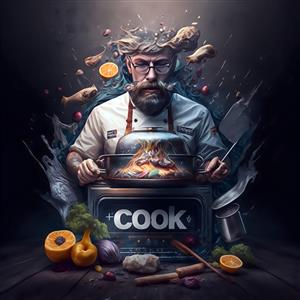 طرح سورئال سرآشپز حرفه‌ای و شعله‌های آتش برای پوستر دیواری رستوران‌های لوکس و فست‌فودهای مدرن