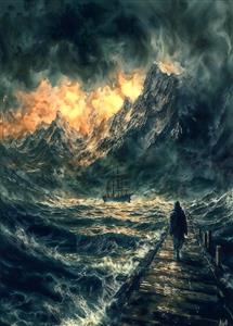 تصویر مفهومی عبور از اسکله چوبی به سوی کوهستان و کشتی در دریای طوفانی مناسب دکوراسیون هال و ورودی