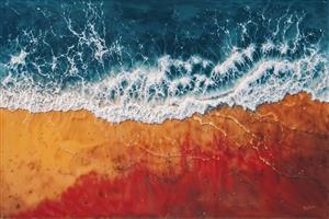 طرح هنری ساحل دریا از نمای بالا با ترکیب رنگ آبی و نارنجی برای چاپ رومیزی، بشقاب و تابلوهای مدرن