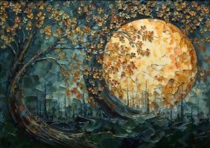 منظره انتزاعی درخت و ماه بزرگ در دل جنگل تاریک مناسب اتاق خواب و سالن های ماساژ جهت ایجاد آرامش