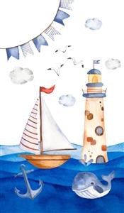 طرح کودکانه دریا شامل فانوس دریایی، نهنگ و کشتی بادبانی برای پوستر اتاق کودک و مهدکودک