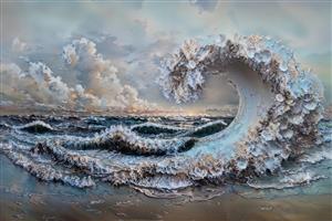 پوستر دیواری مدرن طرح موج دریا با بافت برجسته رنگ روغن و گلبرگ مناسب لابی هتل و دکوراسیون مینیمال