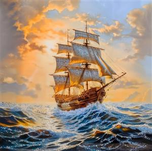 طرح نقاشی کشتی بادبانی کلاسیک در میان امواج خروشان اقیانوس برای چاپ تابلو دکوراتیور و پوستر دیواری پذیرایی