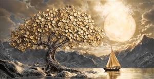 منظره فانتزی درخت طلایی سکه ای کنار دریاچه و ماه تابان مناسب پوستر دیواری پذیرایی و اتاق خواب با طرح سه بعدی