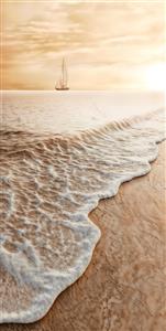 پوستر دیواری عمودی ساحل شنی و قایق دوردست با تناژ کرم و نسکافه‌ای ویژه اتاق خواب و هتل