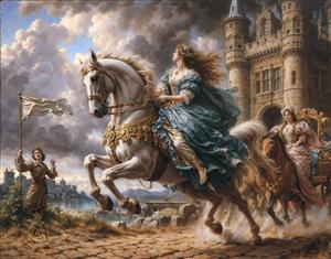 طرح فانتزی پرنسس سوار بر اسب سفید در مقابل قلعه برای پوستر دیواری اتاق کودک و دخترانه