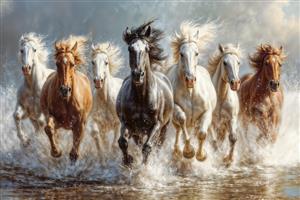 پوستر دیواری عریض حرکت گله اسب‌های وحشی در آب مناسب برای لابی، دیوار پذیرایی بزرگ و پشت میز مدیریت