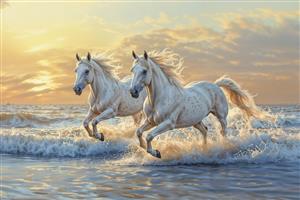طرح پوستر دیواری سه بعدی اسب‌های سفید در ساحل دریا با نور خورشید مناسب اتاق خواب و سالن‌های پذیرایی روشن