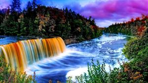 آبشار رنگین‌کمان و طبیعت فانتزی با رنگ‌های بنفش و نارنجی برای پوستر دیواری سه بعدی اتاق خواب و سالن‌های زیبایی