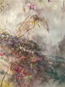 تابلو بوم نقاشی آبرنگی گل‌های وحشی و گیاهان بهاری با رنگ‌های ملایم برای اتاق خواب بانوان