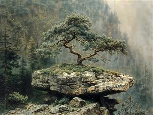 تابلو دکوراتیو نقاشی منظره تک درخت روی صخره در میان مه و کوهستان برای فضای مدیتیشن و لابی