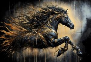پوستر دیواری فانتزی اسب سیاه با یال‌های طلایی و افکت انتزاعی برای دکوراسیون اتاق نوجوان و گیمینگ